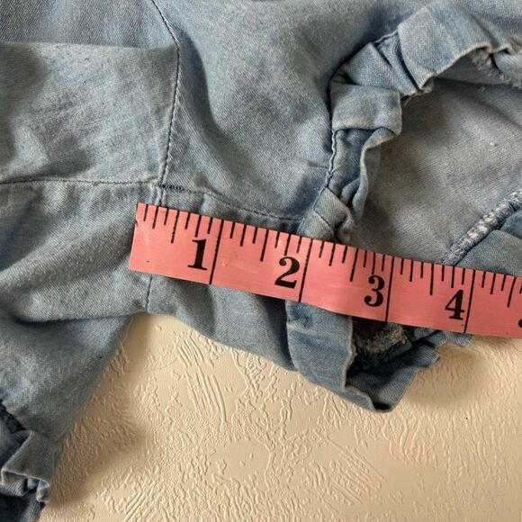 Hot Topic Denim Overall Romper Shorts Women’s Size 2 Mushroom Embroidered Cottag - Picture 9 of 11